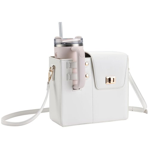 Outdoor Portable Crossbody Water Cup Storage Bag Crossbody Case with Sports Water Bottle Holder for Women Tumbler Purse with Water Bottle Pocket Compatible with Most Water Bottles Carrier Bag, White