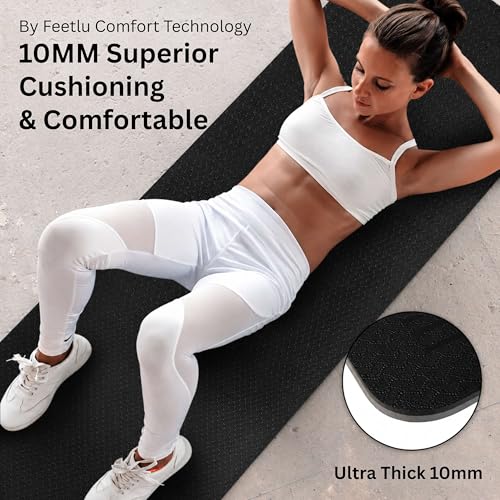 Feetlu Black & Gray Extra Thick 10mm Yoga Mat 72x24 Non-Slip with Carry Strap