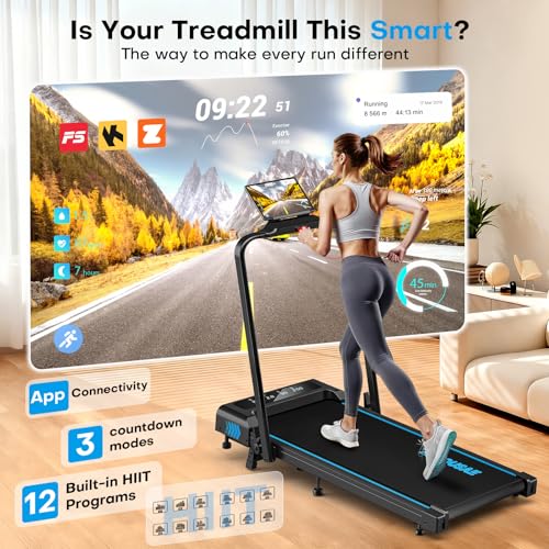 FOUSAE 5-in-1 Foldable Home Treadmill Black Blue - 7.5MPH Incline, App Compatible