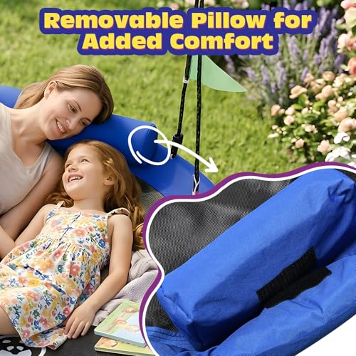 48 Inch Saucer Tree Swing with Detachable Pillow for Outdoor Backyard - Blue