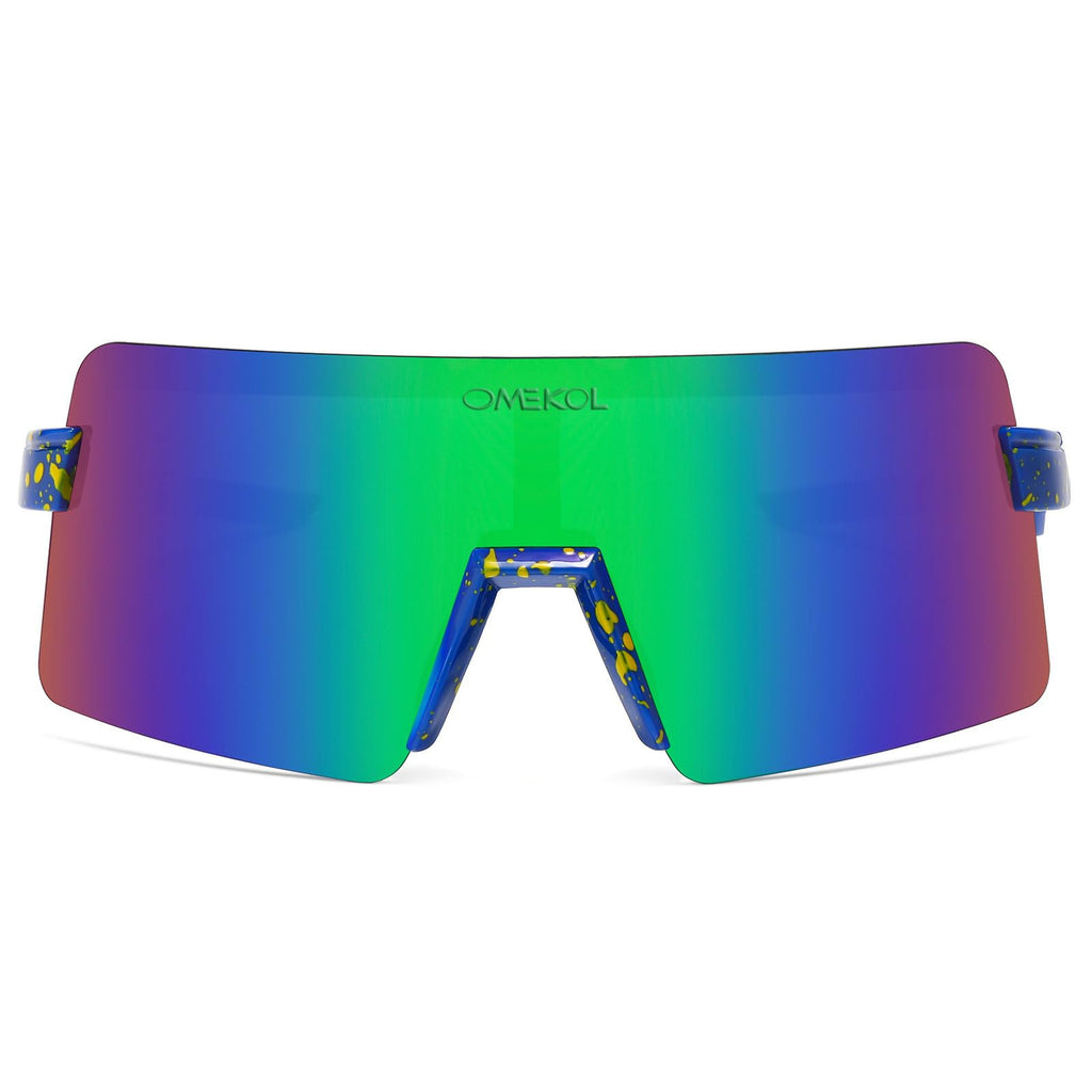 OMEKOL Polarized Sports Sunglasses Cycling Glasses UV400 Mountain Bike Goggles MTB Riding Bicycle Eyewear Men Women Baseball Running Fishing Golf Outdoor - Blue Frame with Yellow Dots/Blue Lens