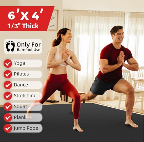 72x48 Inch Yoga Mat - Black 1/3 Inch Thick Non-Slip TPE Pilates Mat for Home & Yoga