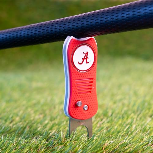 Team Golf NCAA Oklahoma Sooners Retractable Divot Tool Switchblade with Double-Sided Magnetic Ball Marker - Patented Single Prong, Less Greens Damage