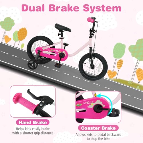 Pink Baby Joy Space Explorer Kids Bike 14 Inch with Removable Training Wheels for 3-7 Year Old Girls