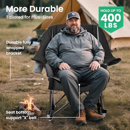 Oversized Foldable Rocking Camping Chair with Cup Holder & Side Pocket - Black & Gray