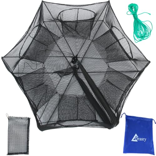 Foldable Black Fishing Bait Trap with 6 Entrances - 27.6x10.2in, Collapsible Minnow, Crab & Shrimp Catcher - Drasry