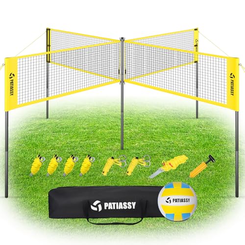 Yellow 4-Player Volleyball Game Set with 16FT & 32FT Court, Adjustable Height Backyard Badminton Combo