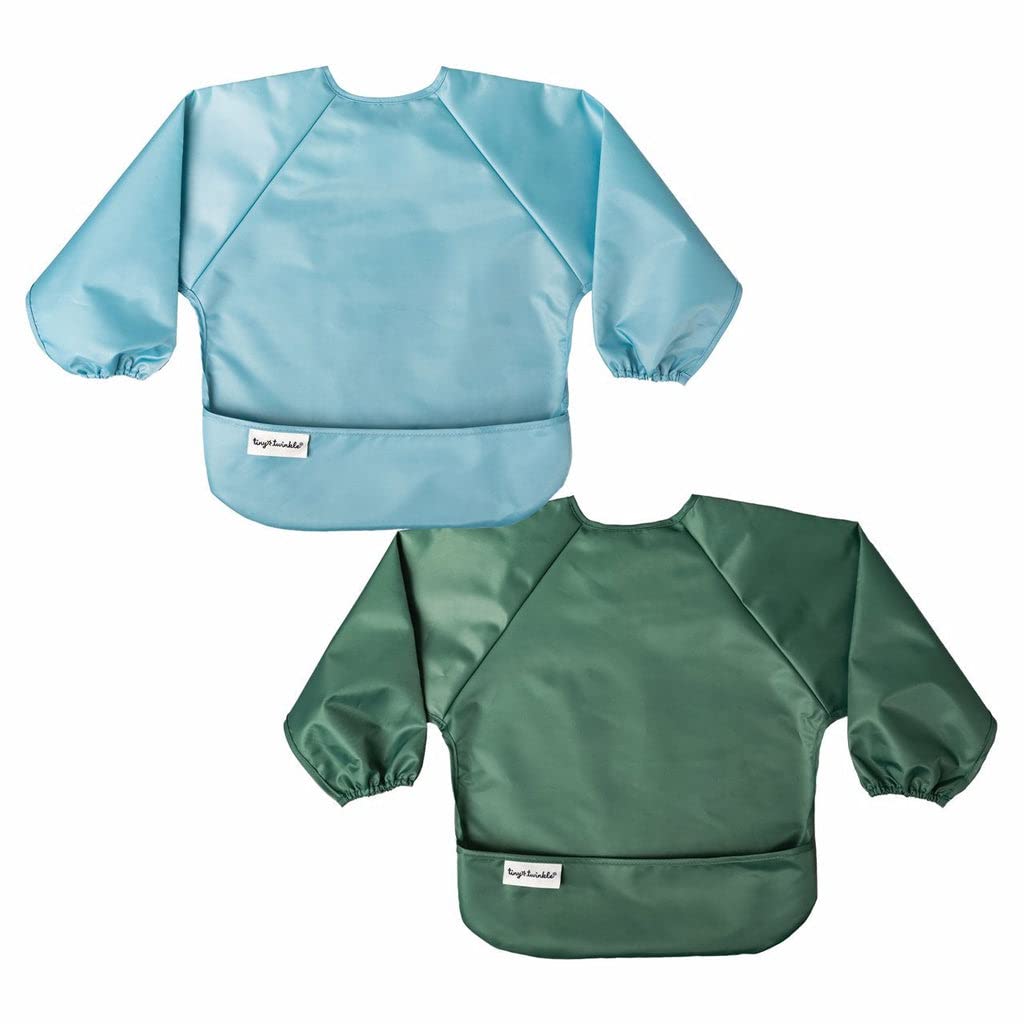 Tiny Twinkle Long Sleeve Bibs for Babies | 2-Pack Waterproof Smock Bibs | Machine Washable Feeding Essentials | Slate Olive, 6–24M