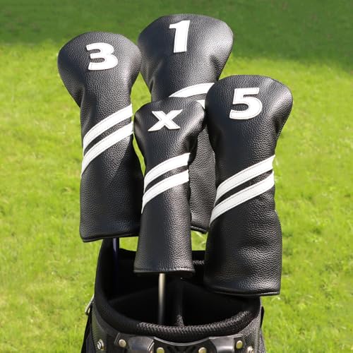 Golf Club Covers - 4PCS Black for Woods, Driver, Hybrids - PU Leather