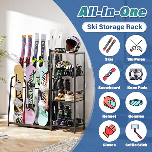 Freestanding Ski & Snowboard Rack - Holds 4 Skis, 3 Snowboards Gear Storage