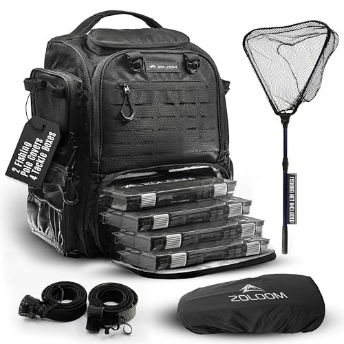 Medium Waterproof Fishing Backpack 40L with Tackle Boxes, Rod Holder & Foldable Net - Black
