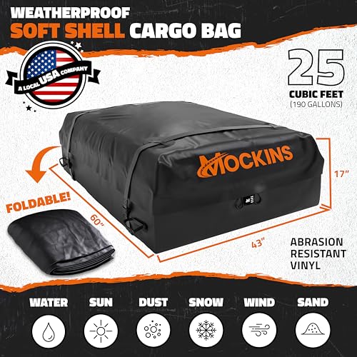 Mockins 25 Cu Ft Waterproof Rooftop Cargo Bag for Cars and SUVs – 60x43x17 Inches, Heavy-Duty, Weatherproof Travel Storage