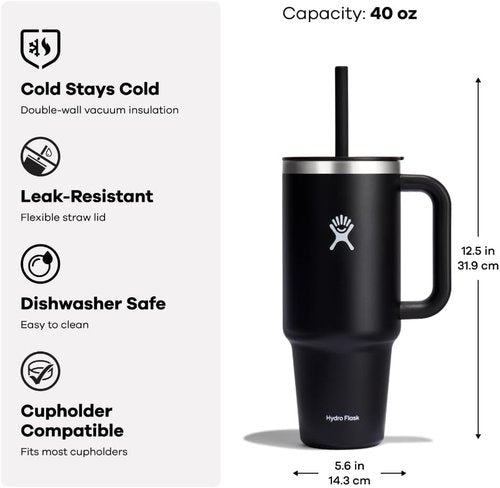 Hydro Flask Travel Tumbler - Insulated Stainless Steel with Handle & Straw | 40 Oz Tonal Trillium Pink