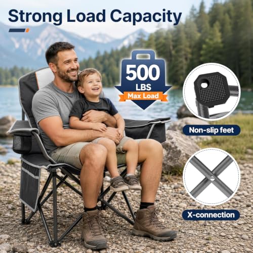 Suteck 2-Pack Heavy Duty Folding Camping Chairs Oversized Black - Portable, Sturdy, with Cooler