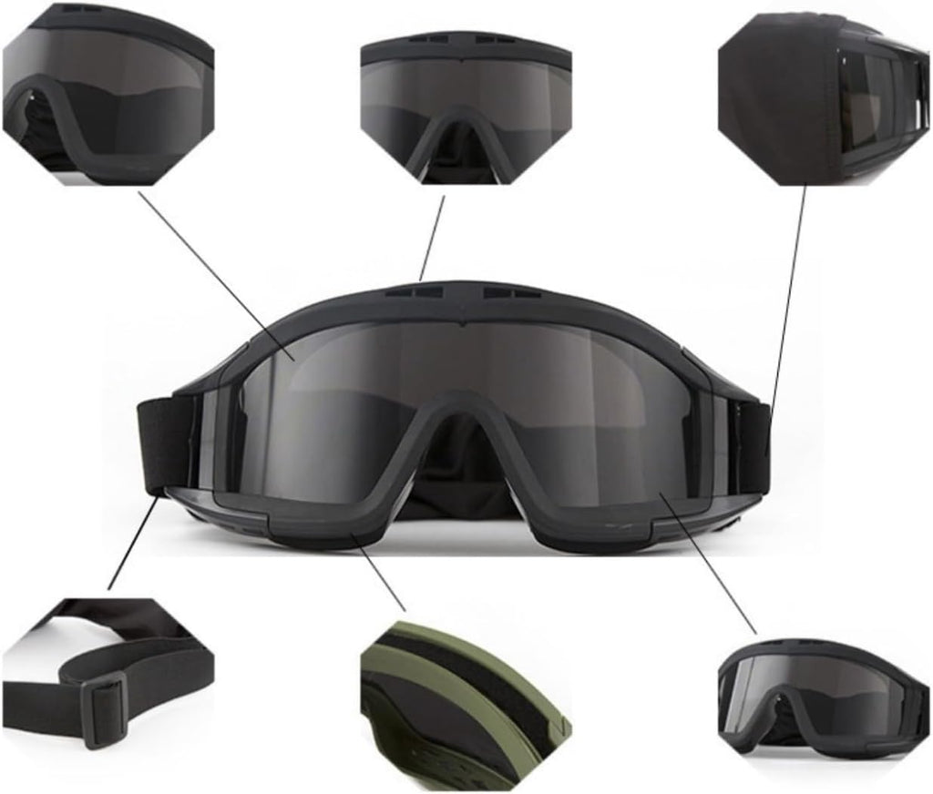 Skiennix Tactical Military Goggles - 3 Interchangeable Lenses for Wind & Dust Protection | Ideal for Airsoft & Cycling