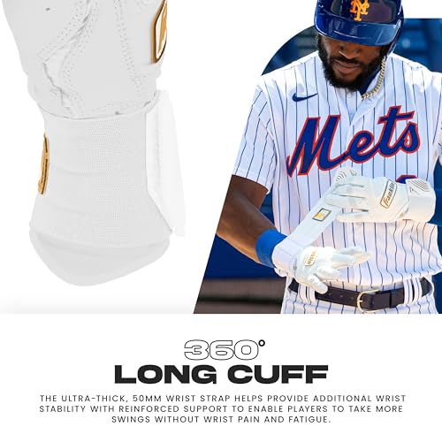 Franklin Sports MLB Batting Gloves Adult Medium White/Gold - Powerstrap Long Cuff, Durable Leather, Breathable for Baseball & Softball