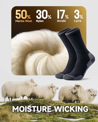 X-Large Merino Wool Hiking Socks - 3 Pairs Black Seamless Toe Cushion
