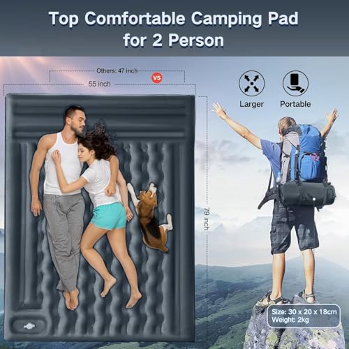 FNARMW Double Camping Sleeping Pad with Pillow & Built-in Foot Pump - Grey
