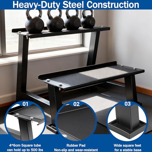 Kettlebell Storage Rack 2-Tier Steel Stand with Non-Slip Pads for Home Gym