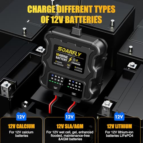 SOARFLY 2 Bank Marine Battery Charger 10A Waterproof 12V for Boat RV Lithium AGM