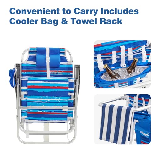 Blue Striped High Seat Beach Chair for Adults with Cooler & Cup Holder - 5 Recline Positions