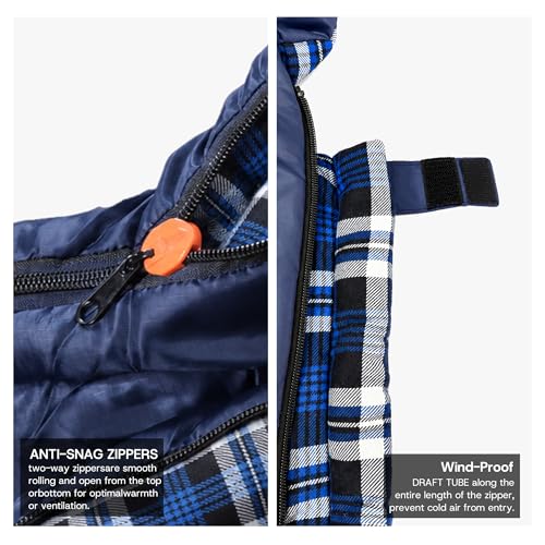 FJALLNOK Queen Size Cotton Flannel Double Sleeping Bag - Blue, 3-Season Warm Camping Bed for Adults