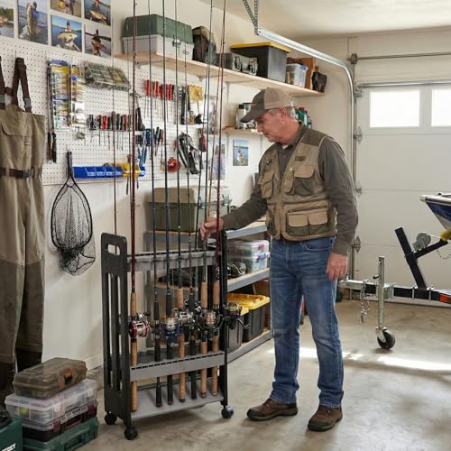 Gray Fishing Rod Holder on Wheels - Fits Up to 16 Rods & Gear Storage