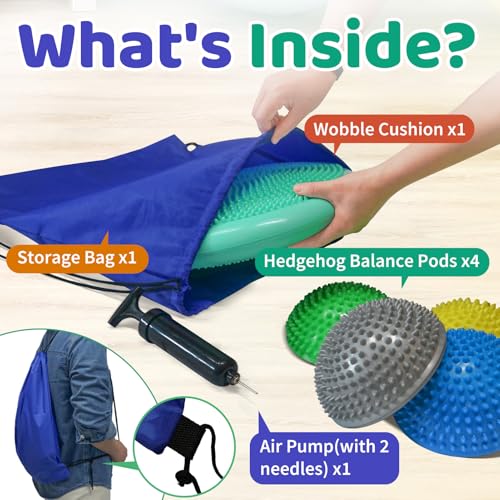Teal Wobble Cushion Set with Hedgehog Balance Pods & Pump - Balance Trainer