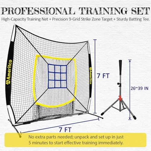 Ameritco Black 7x7ft Baseball Practice Net with Target and Tee for Hitting Pitching and Batting
