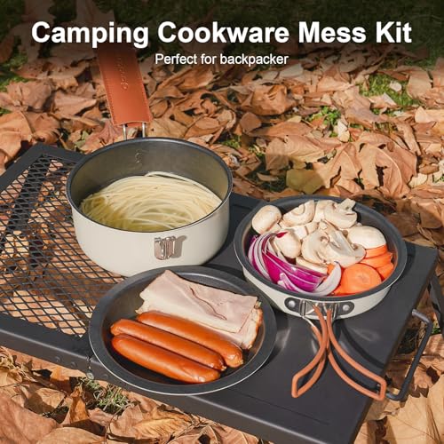 Odoland 10-Piece Camping Cookware Set Cream White Non-Stick Pots & Pans