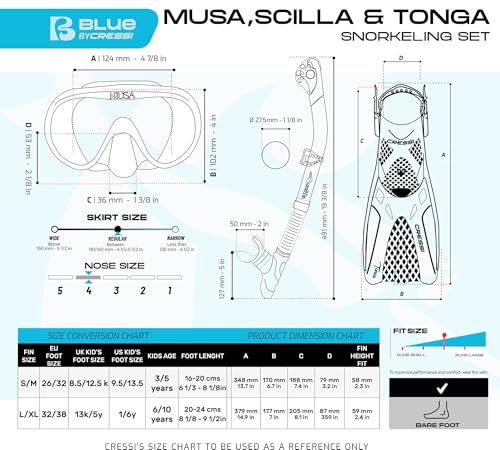 Large Black Travel Snorkel Set with Mask & Tonga Fins - Dry Valve, Quick-Release