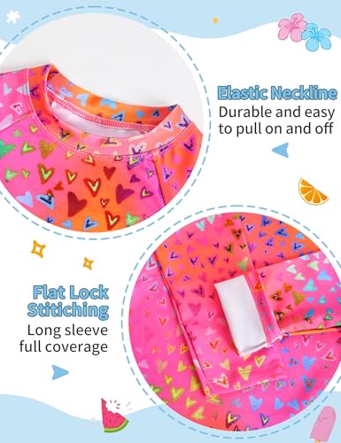 Girls Swimsuit Long Sleeve Rash Guard Set UPF 50+ Two Piece Bathing Suit - Sweet Heart / 3-4T