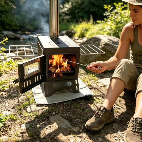 Steladomus Portable Camping Wood Stove with Fire Mat & Chimney Pipes – Compact Tent Heater Kit for Backpacking, RV, Ice Fishing