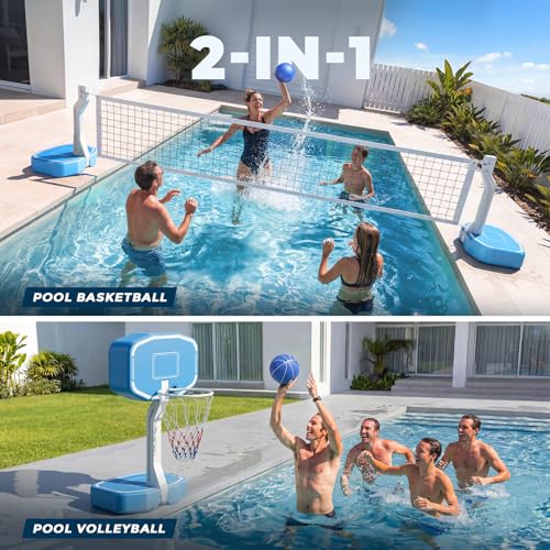 Pool Volleyball & Basketball Set - White-Blue 2-in-1 Inground Pool Game