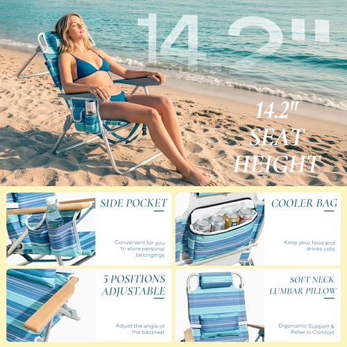 ARURU Light Green Tall Folding Beach Chair for Adults with Cooler & Cup Holder, 5-Position Recline, Portable Backpack Design