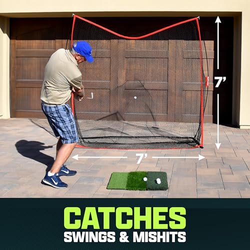 GoSports 7'x7' Golf Practice Net - Red, Portable Indoor/Outdoor Hitting