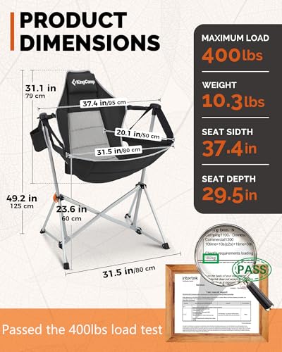 KingCamp Heavy Duty Hammock Camping Chair Black, 400lbs Support, No Footrest
