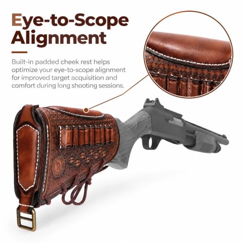 TOURBON Vintage Leather Cheek Rest with Shell Holder for Rifle & Shotgun - No Drill, Adjustable Strap