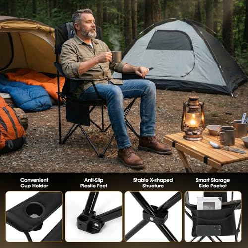 MOON LENCE Oversized Folding Camping Chair 1 - Heavy Duty, Padded, High Back with Cooler & Cup Holder