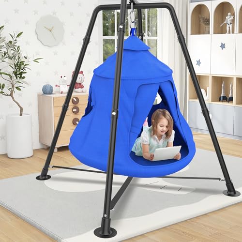 Blue Kid Tent Swing Set with Hammock Chair and X-Shaped Stand - Supports 330 lbs