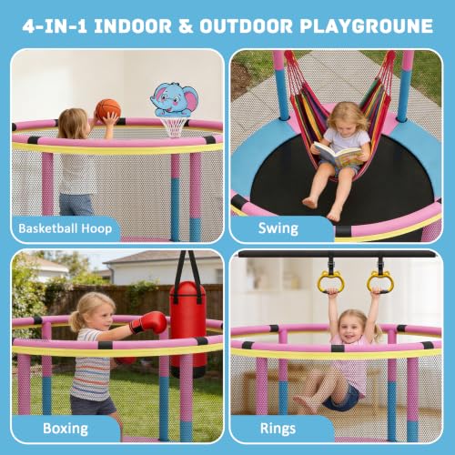 Kids 60-Inch Trampoline with Safety Net - Blue Pink, Indoor Outdoor Toddler Playset