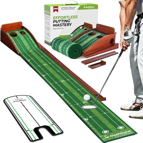 Golfguru Professional Dual-Hole Putting Green Mat with Mirror & Automatic Ball Return - 9.8FT Indoor & Outdoor Practice Mat