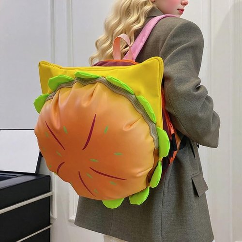 Qufoidium Cheeseburger Backpack, Hamburger Burger - Novelty Funny Yellow Casual Daypack, Cute Food-Shaped Gift for Burger Lovers, Quirky Present for Daily Use & Fun Outings