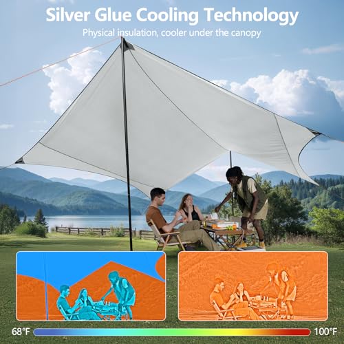 Khaki Waterproof Camping Tarp with Poles & Retainer 15x12.5FT Canopy Shelter