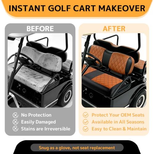 JAOGAUS Custom Fit Golf Cart Seat Covers for EZGO TXT 1994-2013 & RXV 2008-2026, Orange & Black, Front & Rear