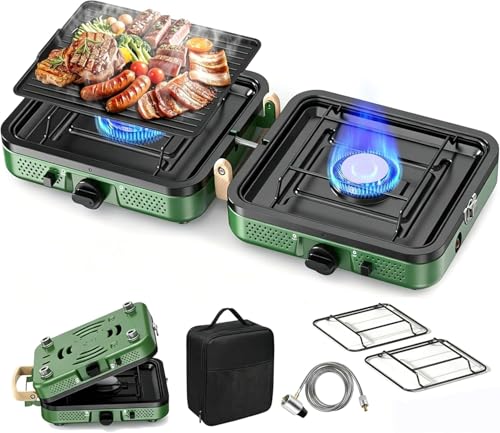 Portable Double Burner Camping Stove with Carrying Bag - 10,000 BTU Foldable Gas Stove