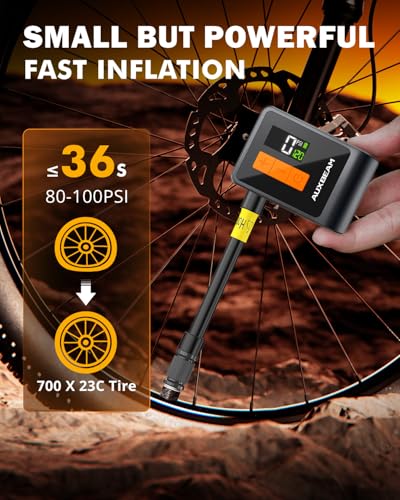 Auxbeam Amber Tiny Electric Bike Pump with Gauge - Portable 120PSI Bicycle Inflation for Road, Mountain & E-Bikes