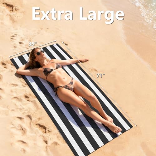 Black 35x71 Inch Microfiber Beach Towel - Lightweight, Quick Dry, Sand Resistant