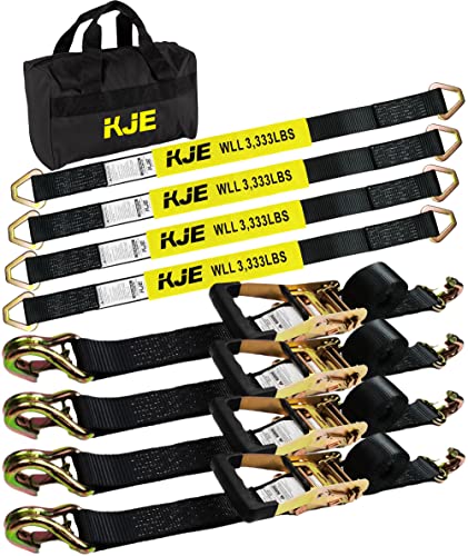 Heavy Duty Car Trailer Tie Down Straps Kit 4 Pack - 2x8ft & 36in Ratchet Straps with J-Hooks, 10,000lbs Capacity