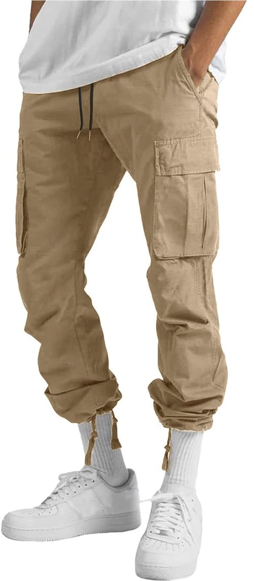 HUNGSON Mens Cargo Pants Drawstring Casual Hiking Pants Joggers Athletic Trousers Cotton Loose Straight Sweatpants for Men Beige